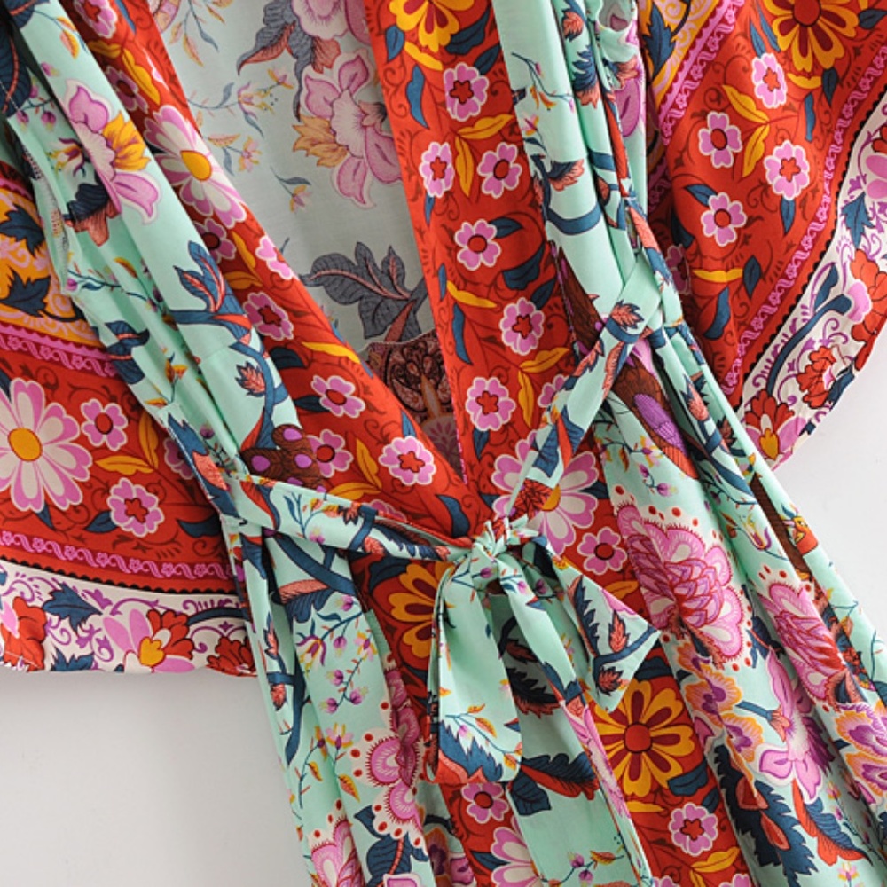 Boho Floral Print Belted Kimono Cover up Beach Red - Picture 5 of 8